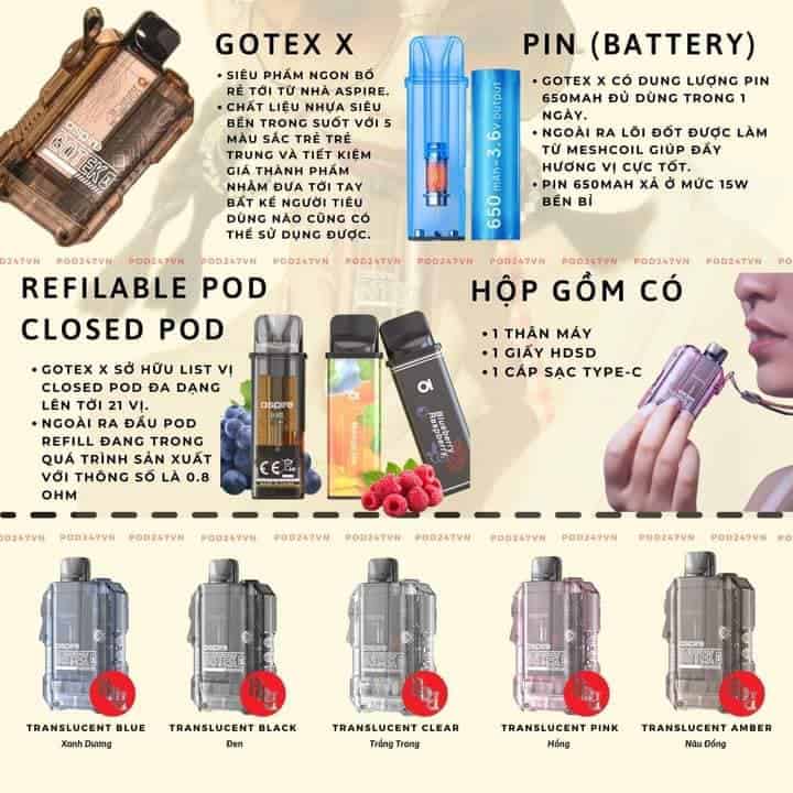 Pod Gotek X với 2 khả năng dùng được cả đầu pod rỗng và đầu pod có sẵn tinh dầu