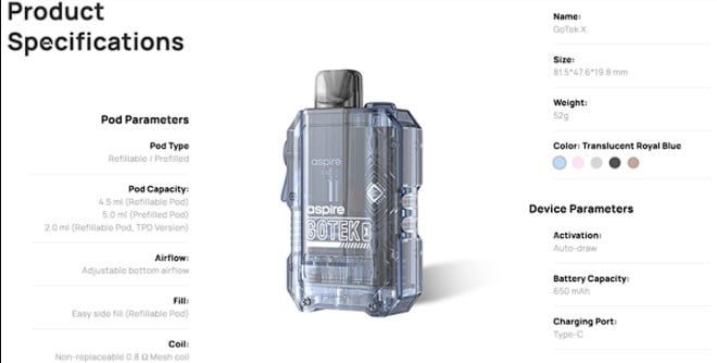 Thông số thiết kế sản phẩm pod Gotek